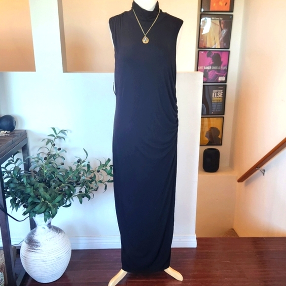 🏷️GOOD AMERICAN Black Sleeveless Mock Neck Stretch Jersey Midi Dress Size 5 - Picture 2 of 9